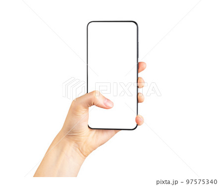 Finger clicking on phone mockup isolated on white background. Smartphone template with empty screen. Woman hand holding android 97575340