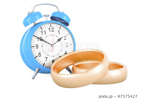 Wedding rings with alarm clock. 3D rendering 97575427