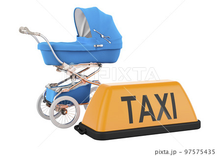Baby carriage with Taxi signboard , 3D rendering 97575435