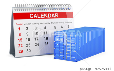 Cargo container with desk calendar, 3D rendering Cargo container with desk calendar, 3D rendering 97575441