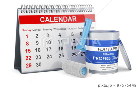 Desk calendar with paint can and roller brush, 3D rendering Desk calendar with paint can and roller brush, 3D rendering 97575448