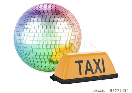 Disco taxi concept. Taxi car signboard with mirror disco ball, 3D rendering 97575454