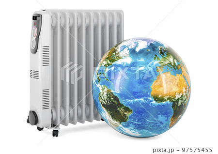 Electric oil heater with Earth Globe, 3D rendering 97575455