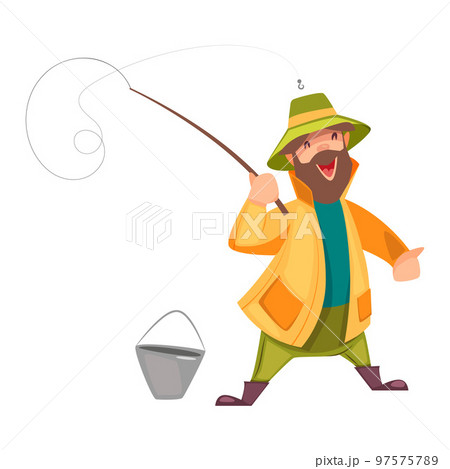 Bearded Fisherman Capturing Fish with Rod and Bucket Vector Illustration 97575789