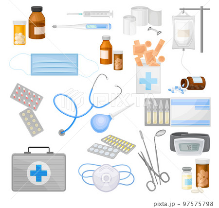 First Aid Kit with Bandage, Adhesive Plaster, Painkiller, Pills, Thermometer, Mask and Dentist Tools Big Vector Set 97575798