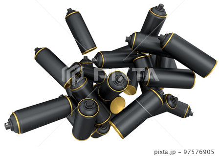 Lots of flying spray paint cans on white background. Spray bottle and dispenser 97576905