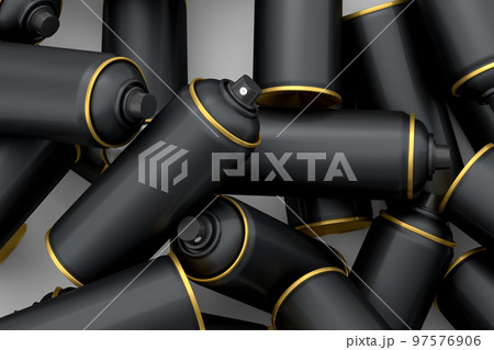 Lots of flying spray paint cans on white background. Spray bottle and dispenser 97576906