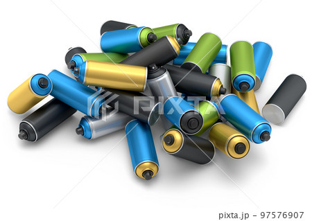 Lots of flying spray paint cans on white background. Spray bottle and dispenser 97576907