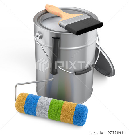 Open metal can with paint roller and bristle brush on white background. Open metal can with paint roller and bristle brush on white background. 97576914