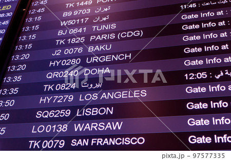 Display in international airport, info screen with flights and cities Display in international airport, info screen with flights and cities 97577335