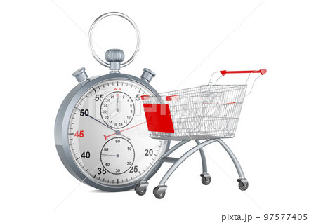 Shopping cart with stopwatch, 3d rendering Shopping cart with stopwatch, 3d rendering 97577405