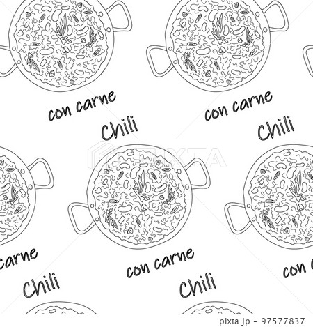 Seamless pattern from Chili con carne with beans and slices with lettering. Latin American food. Seamless pattern from Chili con carne with beans and slices with lettering. Latin American food. 97577837