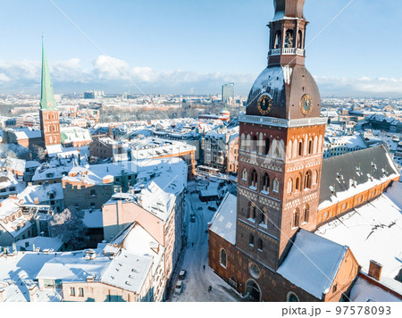 Aerial view of the winter Riga old town - the capital of Latvia. Beautiful winter over Riga. 97578093