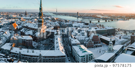 Aerial view of the winter Riga old town - the capital of Latvia. Beautiful winter over Riga. Aerial view of the winter Riga old town - the capital of Latvia. Beautiful winter over Riga. 97578175