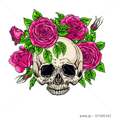 human skull with a roses wreath 97580192