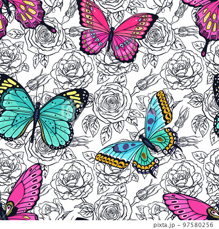 seamless roses and butterflies seamless roses and butterflies 97580256
