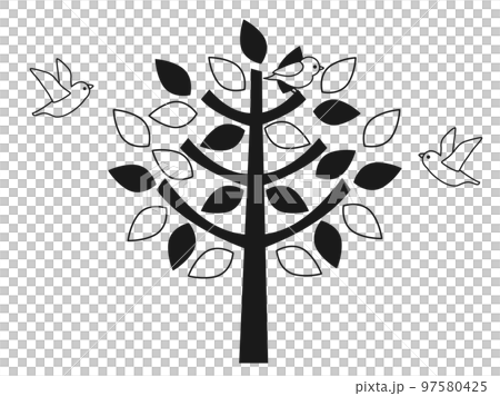 黑白樹和鳥插畫 97580425