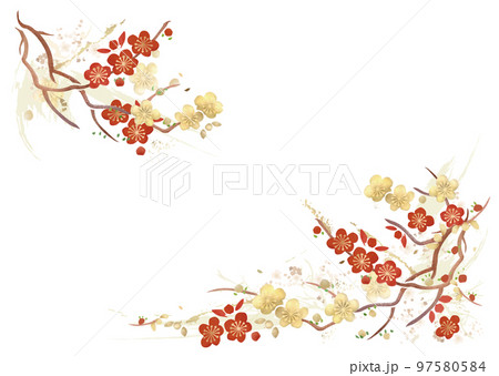 梅の花の和風水彩背景 97580584