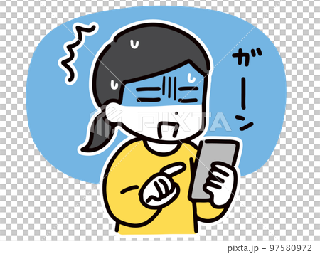 スマホを見てショックを受ける若い女性	 97580972