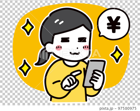 A smiling young woman in casual clothes (upper body) is exchanging money using her smartphone. A smiling young woman in casual clothes (upper body) is exchanging money using her smartphone. 97580975