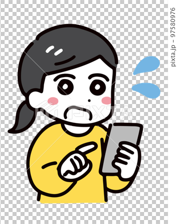 一位年輕女子正在看智慧型手機，遇到了麻煩 97580976