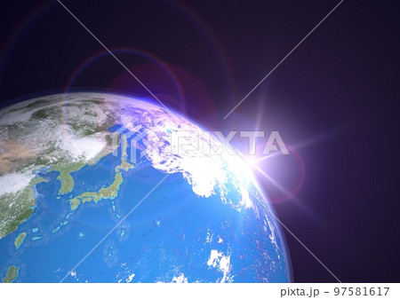 地球　日本列島　アップ　ブルー　太陽　朝陽　コピースペース(3DCGイメージ) 97581617