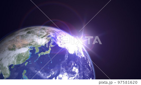 地球 日本 太陽 朝陽 ワイドサイズ コピースペース(3DCGイメージ) 地球 日本 太陽 朝陽 ワイドサイズ コピースペース(3DCGイメージ) 97581620