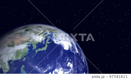 地球　日本　ワイドサイズ　コピースペース　背景に星アリ(3DCGイメージ) 97581621
