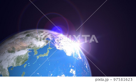 地球 日本 ブルー 太陽 朝陽 ワイドサイズ コピースペース(3DCGイメージ) 地球 日本 ブルー 太陽 朝陽 ワイドサイズ コピースペース(3DCGイメージ) 97581623