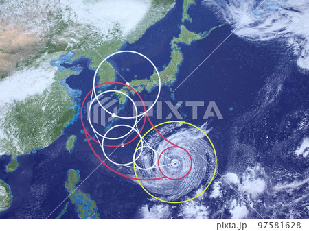 日本列島 台風 進路図 進路 気象 架空 天気図 3Dアップ(3DCGイメージ) 日本列島 台風 進路図 進路 気象 架空 天気図 3Dアップ(3DCGイメージ) 97581628