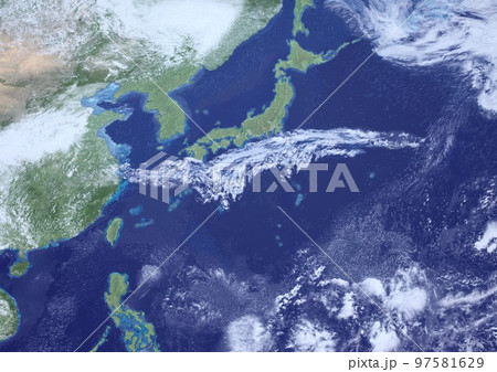 日本列島　梅雨前線　前線　雨雲　気象　架空　天気図　3Dアップ(3DCGイメージ) 97581629