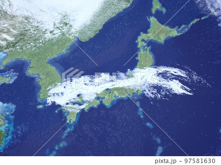 日本列島 梅雨前線 前線 雨雲 気象 架空 天気図 3Dアップ(3DCGイメージ) 日本列島 梅雨前線 前線 雨雲 気象 架空 天気図 3Dアップ(3DCGイメージ) 97581630