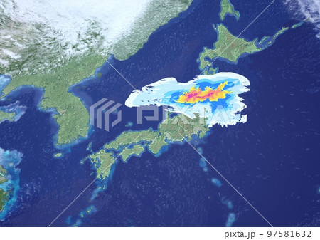 日本列島　線状降水帯　雨雲　気象　架空　天気図　3Dアップ(3DCGイメージ) 97581632