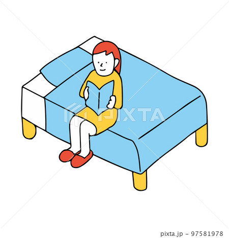 ベッドに座って本を読む女性のイメージ 就寝前の読書 ベッドに座って本を読む女性のイメージ 就寝前の読書 97581978