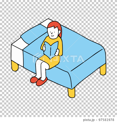 ベッドに座って本を読む女性のイメージ 就寝前の読書 ベッドに座って本を読む女性のイメージ 就寝前の読書 97581978