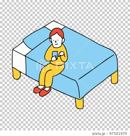 ベッドに座ってスマートフォンを操作する人物のイメージ 就寝前の読書 ベッドに座ってスマートフォンを操作する人物のイメージ 就寝前の読書 97581979