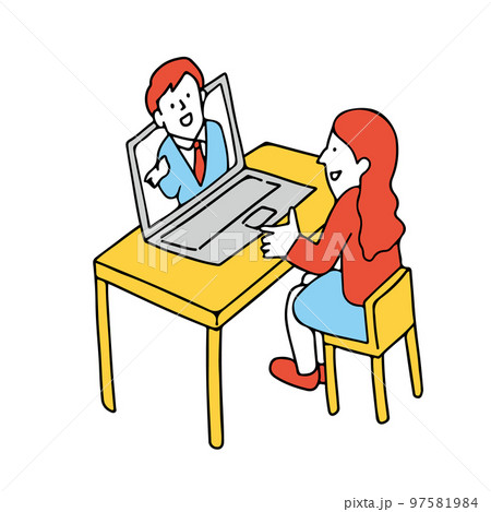 オンラインで話す男女のイラスト　ウェビナー　オンラインセミナーに参加する女性 97581984
