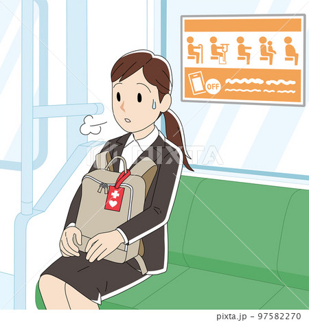 優しいタッチのヘルプマークを付けた優先席に座る女性 優しいタッチのヘルプマークを付けた優先席に座る女性 97582270