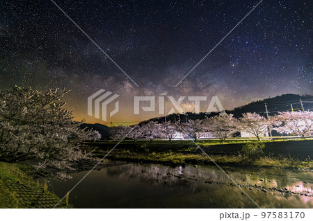 中国山地の春の星景　美波羅川の千本桜の空の天の川　　 97583170