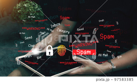 The concept of e-mail and computer viruses. Review the concepts of internet security, spam and e-marketing on screen. Spam email pop-up warnings. 97583385