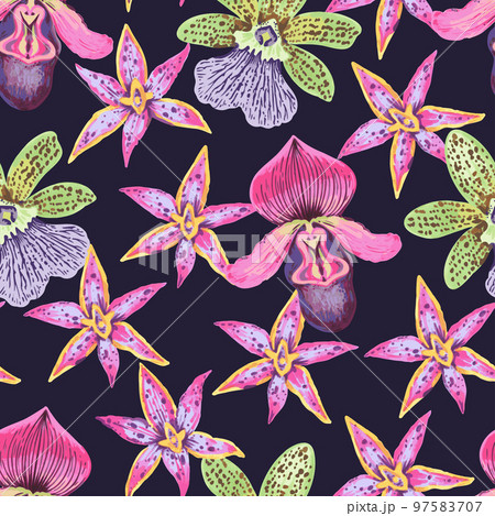 Vector seamless pattern with colorful psychedelic orchid flowers. Hand drawn detailed print for textile and wallpaper. 97583707