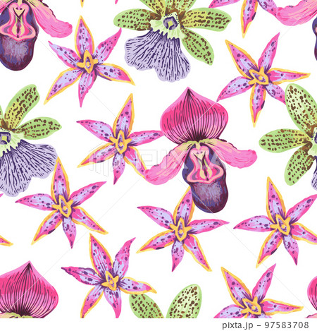 Vector seamless pattern with colorful psychedelic orchid flowers. Hand drawn detailed print for textile and wallpaper. 97583708