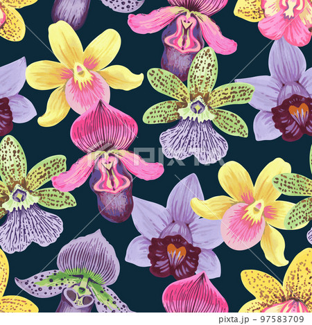 Vector seamless pattern with colorful psychedelic orchid flowers. Hand drawn detailed print for textile and wallpaper. Vector seamless pattern with colorful psychedelic orchid flowers. Hand drawn detailed print for textile and wallpaper. 97583709