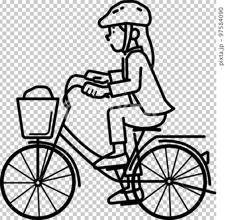Illustration of a business woman wearing a helmet and riding a bicycle Line drawing only 97584090