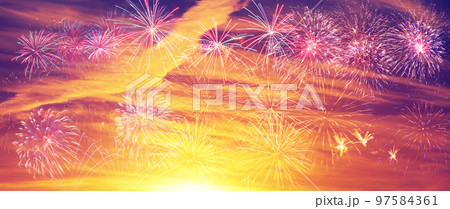 Abstract colored firework on dark sky. Celebration and anniversary concept 97584361
