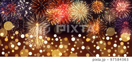Abstract colored firework on dark sky. Celebration and anniversary concept 97584363