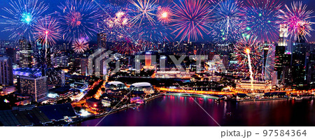 Abstract colored firework on dark sky. Celebration and anniversary concept 97584364