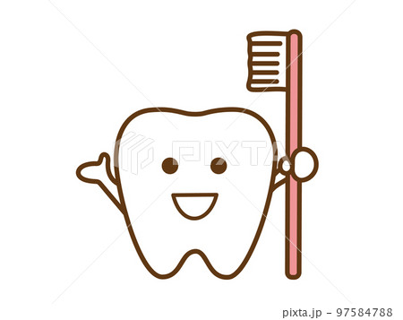 歯ブラシを持ちながら説明する歯の可愛いキャラクター 97584788