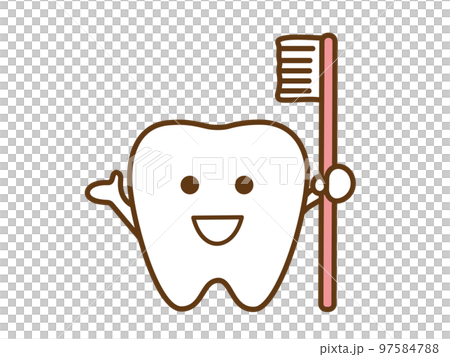 歯ブラシを持ちながら説明する歯の可愛いキャラクター 97584788