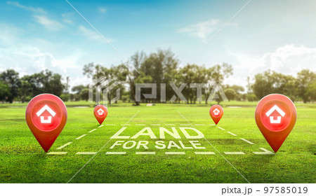 Land plot management - real estate concept with a vacant land on a green field available for building construction and housing subdivision in a residential area for sale. Land plot management - real estate concept with a vacant land on a green field available for building construction and housing subdivision in a residential area for sale. 97585019